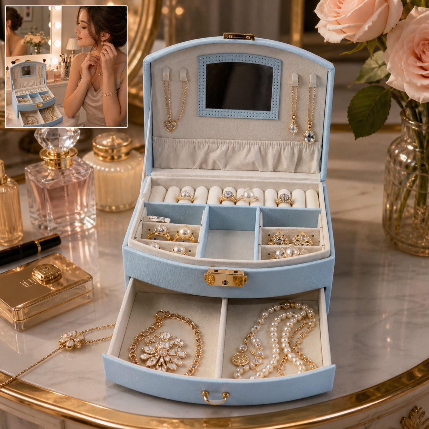 Premium multi-layer jewellery storage box with mirror for rings necklaces India