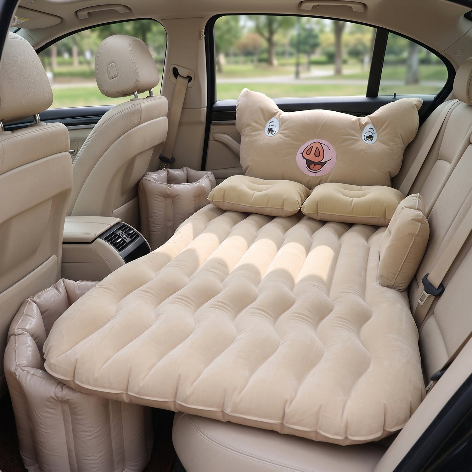 Inflatable bed set fitted in sedan car back seat