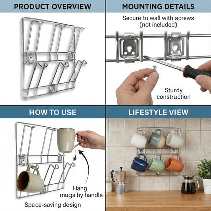 Wall-Mounted Stainless-Steel Cup & Mug Holder Rack (25 x 25 cm, 1 Pc)