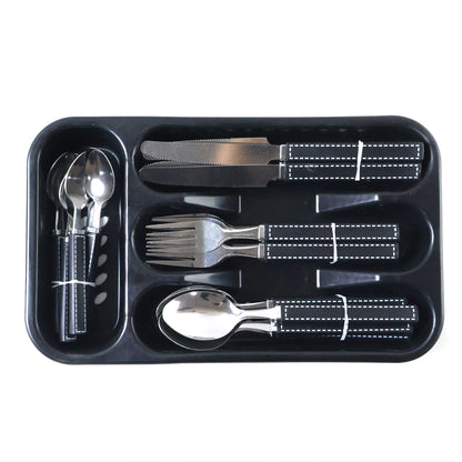 Premium Stainless Steel Kitchen Plastic Handle Cutlery Set With Tray (24 Pc Set)
