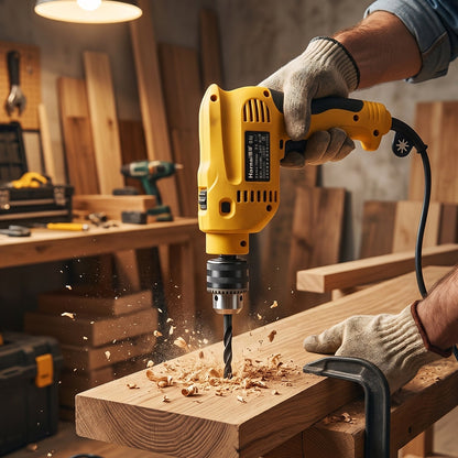 Electric drill drilling wood workshop lifestyle in use