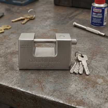 94mm Stainless Steel Padlock: Rectangular, Hardened Steel, 5 Keys