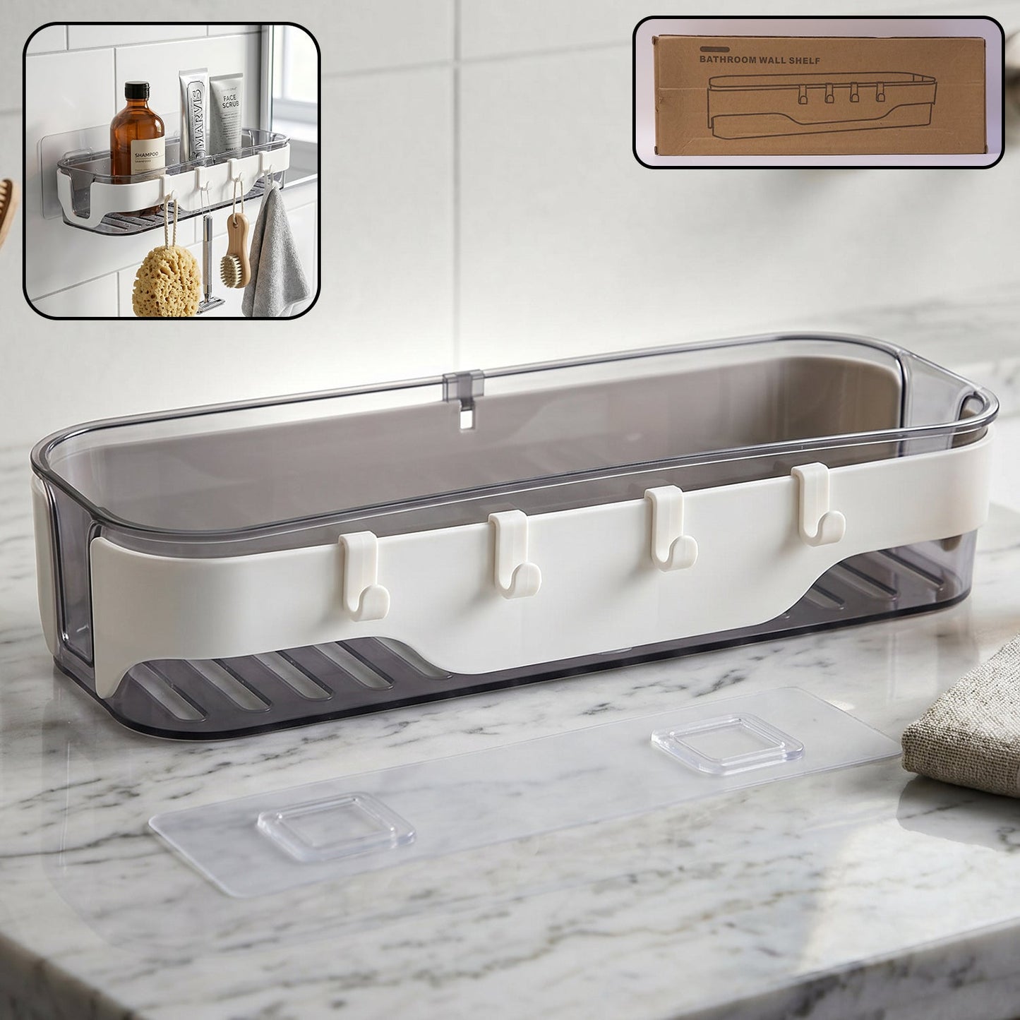 Stylish Bathroom Wall Shelf – 1 Pc, Multi-Purpose Storage Organizer with Hooks