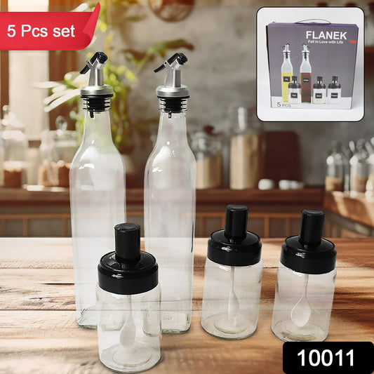 Transparent Glass Oil Dispenser 500 ML Bottle Set of 2, Spice Jar 250 ML Set of 3, Oil Bottle for Kitchen, Oil & Vinegar Storage Glass Bottle, Glass Container for Spice, Masala (5 Pcs Set)