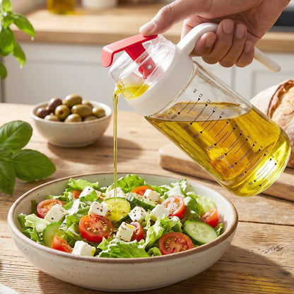 Hand Pouring Olive Oil from Glass Dispenser Bottle with Red Auto-Flip Lever onto Fresh Greek Salad with Tomatoes, Feta and Cucumber