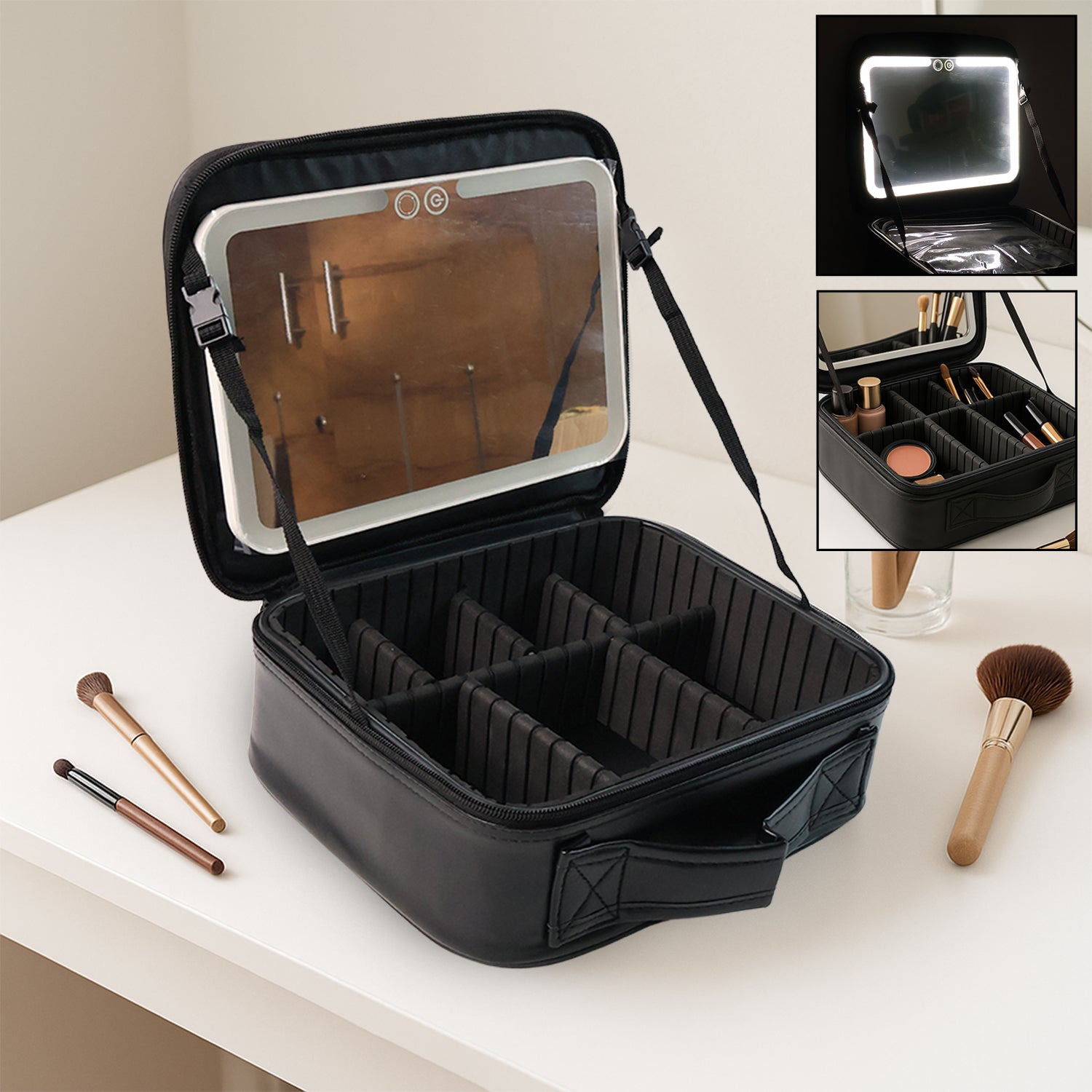 Black LED light makeup organizer box with touch-sensor mirror USB charging India