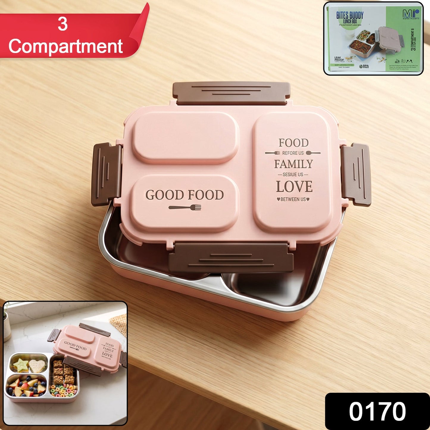 3-Compartment Stainless Steel Lunch Box (1 Pc)